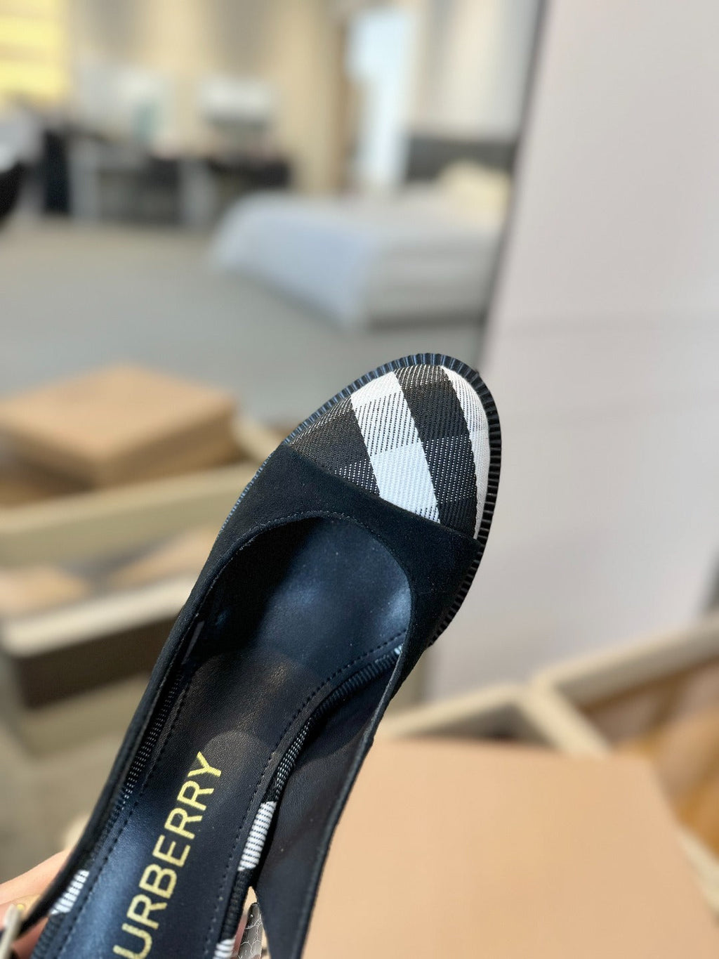 BURBERRY 26S VINTAGE CHECK TOE SLINGBACK BLOCK HEELS 95MM IN BLACK SUEDE