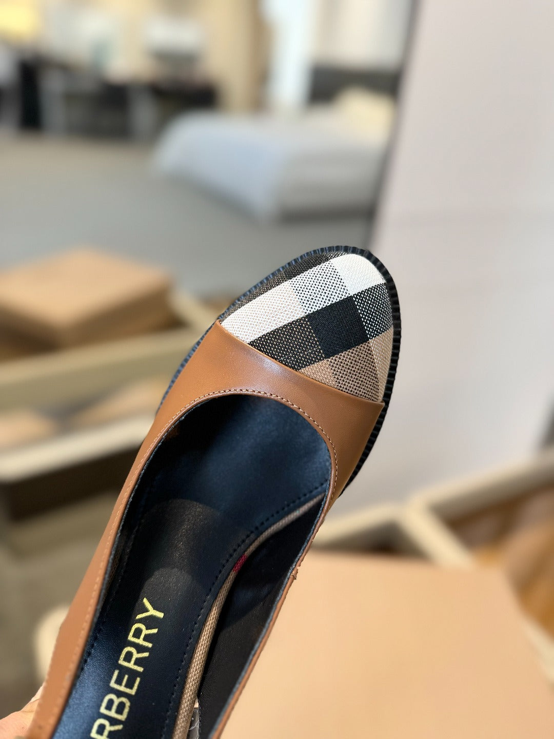 BURBERRY 26S VINTAGE CHECK TOE SLINGBACK BLOCK HEELS 95MM IN BROWN CALFSKIN