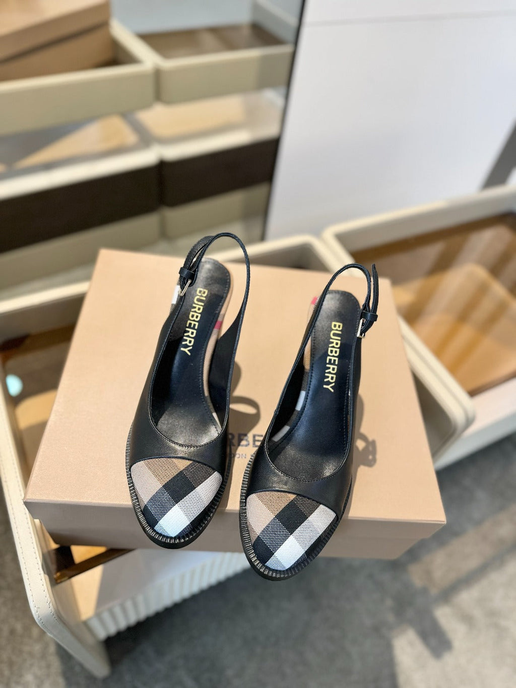 BURBERRY 26S VINTAGE CHECK TOE SLINGBACK BLOCK HEELS 95MM IN BLACK CALFSKIN