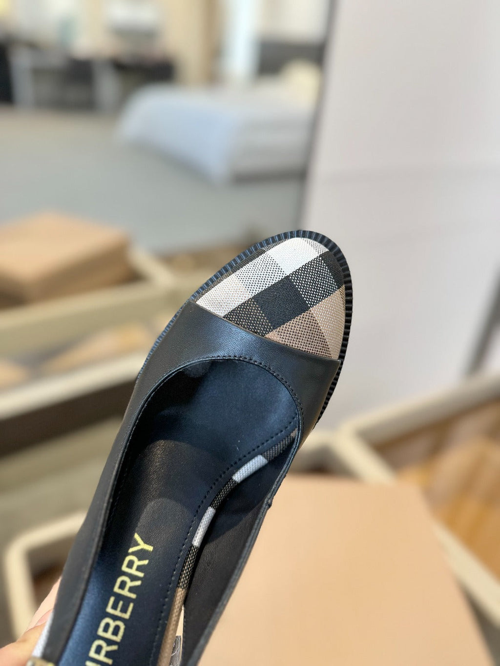 BURBERRY 26S VINTAGE CHECK TOE SLINGBACK BLOCK HEELS 95MM IN BLACK CALFSKIN