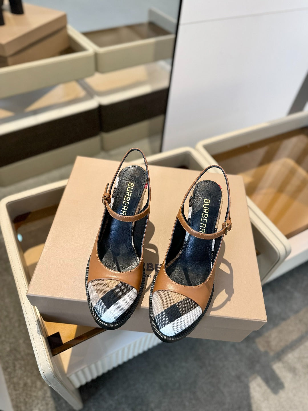 BURBERRY 26S SLINGBACK HEELS 95MM IN BROWN CALFSKIN