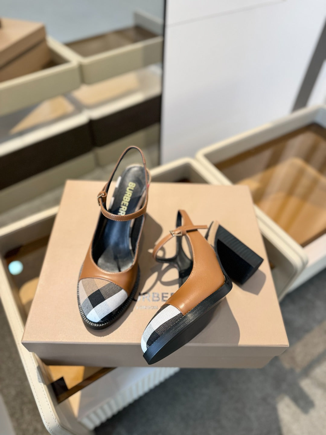 BURBERRY 26S SLINGBACK HEELS 95MM IN BROWN CALFSKIN
