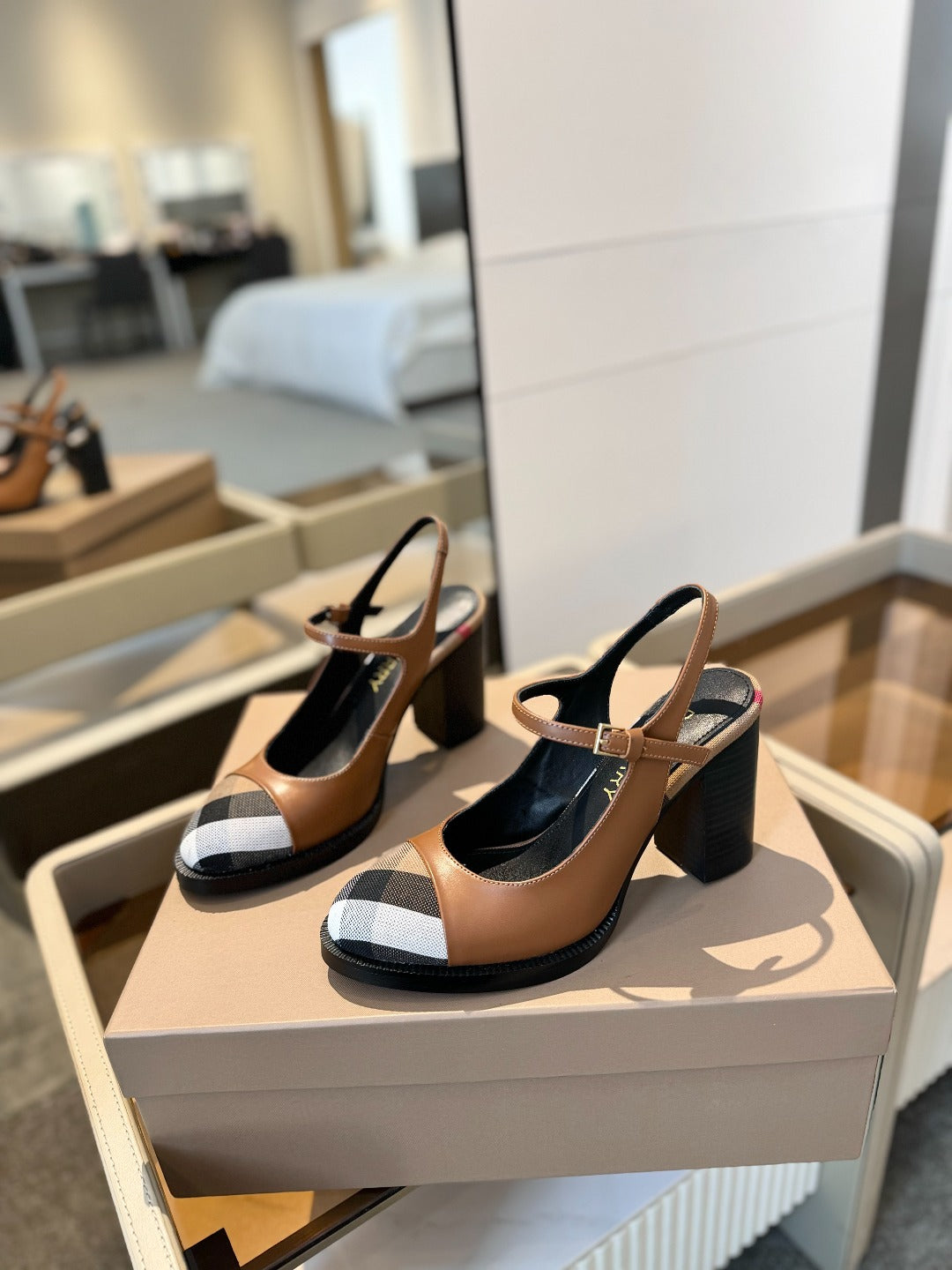 BURBERRY 26S SLINGBACK HEELS 95MM IN BROWN CALFSKIN
