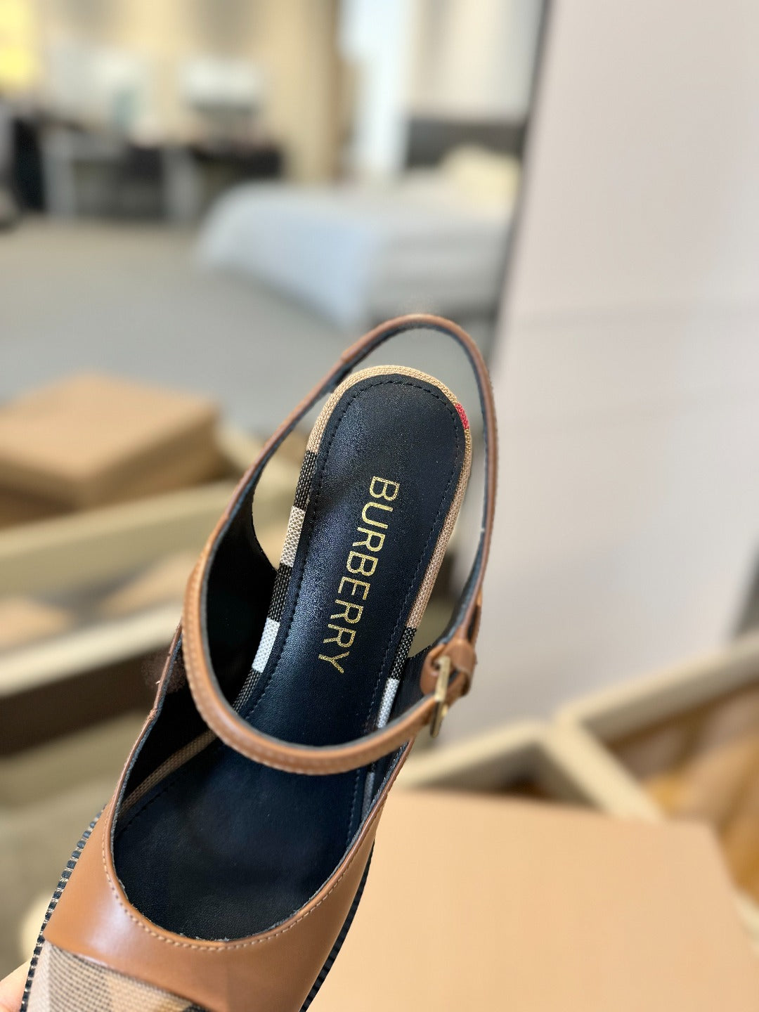 BURBERRY 26S SLINGBACK HEELS 95MM IN BROWN CALFSKIN