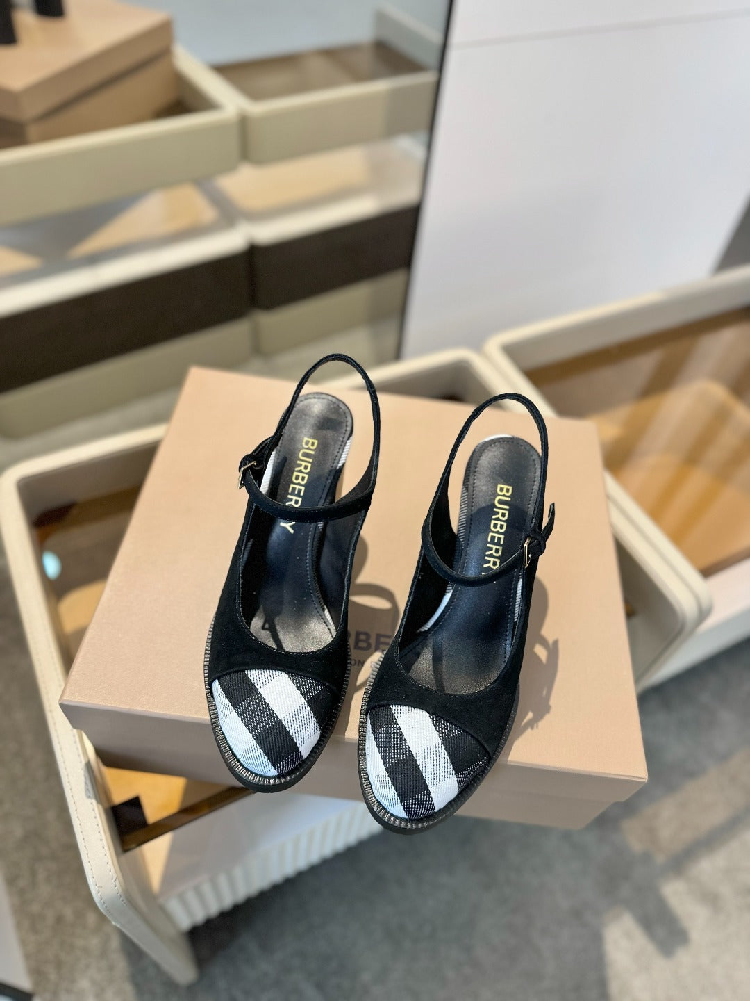 BURBERRY 26S SLINGBACK HEELS 95 MM IN BLACK SUEDE