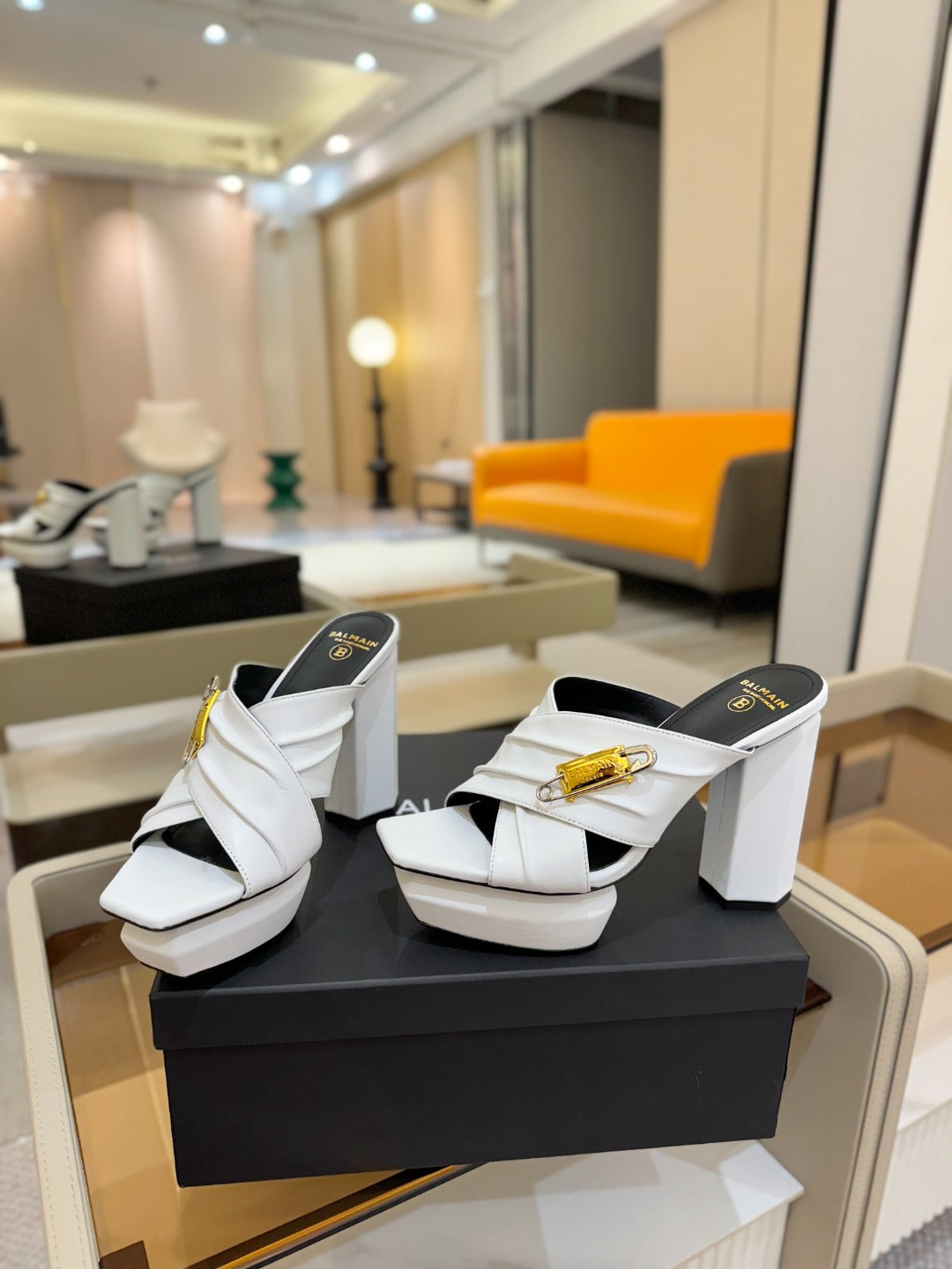 BALMAIN 25S WEDGE HEEL SANDALS 100MM IN WHITE CALFSKIN