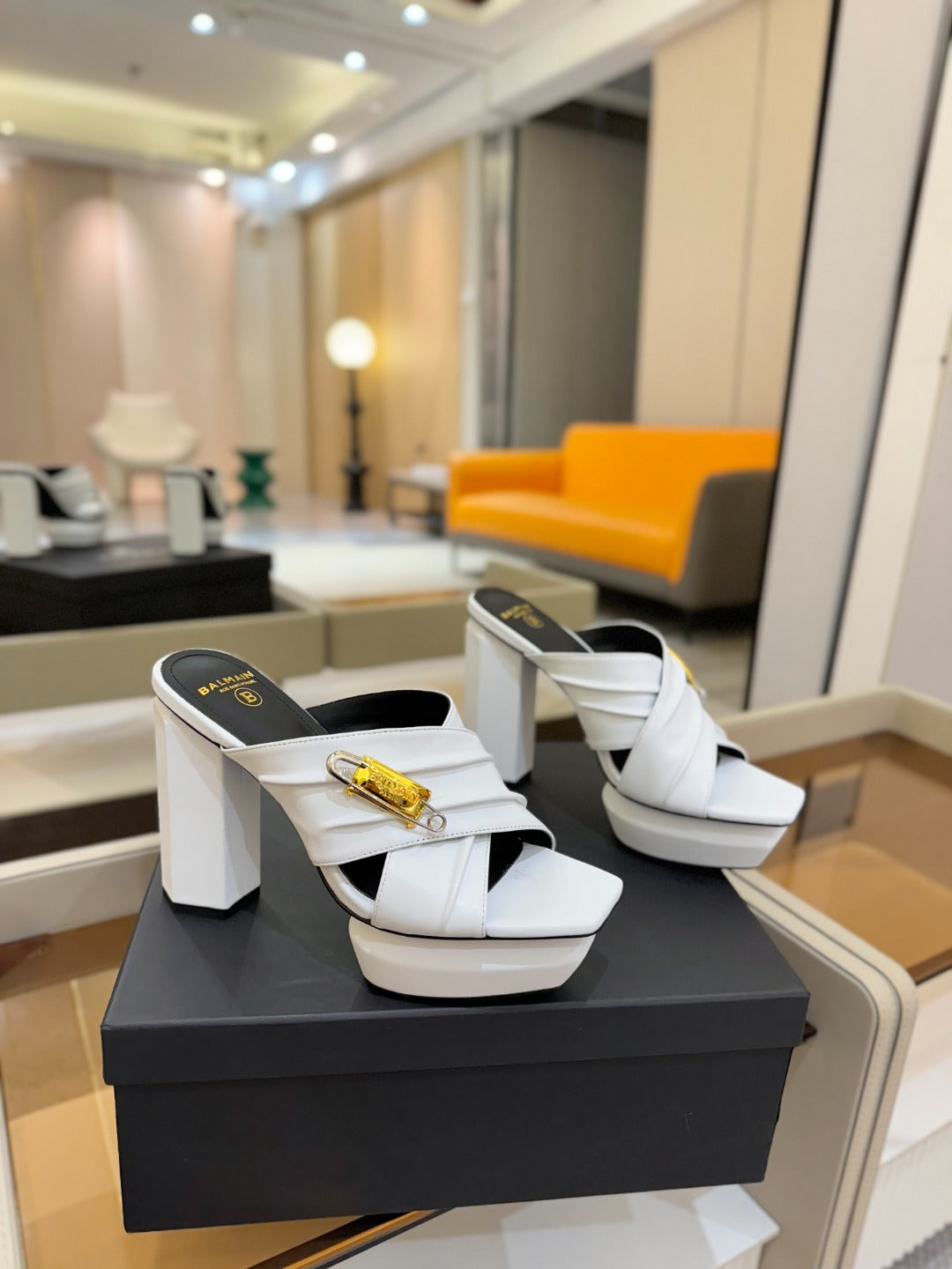 BALMAIN 25S WEDGE HEEL SANDALS 100MM IN WHITE CALFSKIN