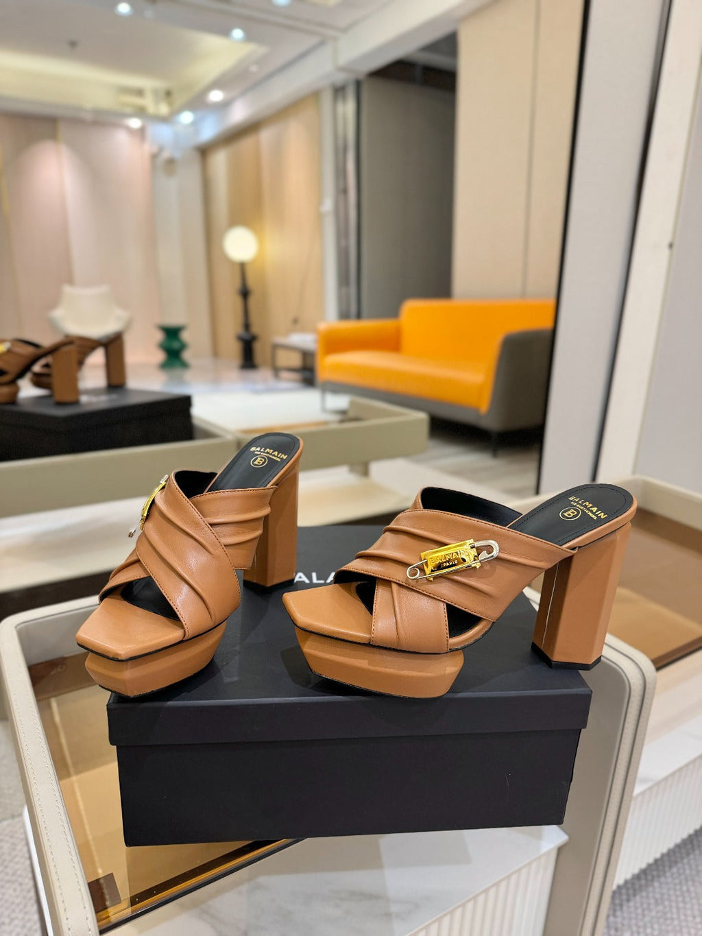BALMAIN 25S WEDGE HEEL SANDALS 100MM IN BROWN CALFSKIN