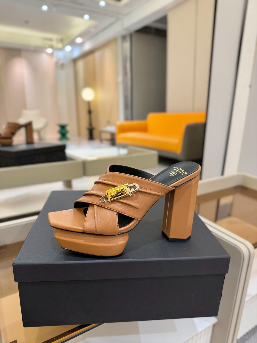 BALMAIN 25S WEDGE HEEL SANDALS 100MM IN BROWN CALFSKIN