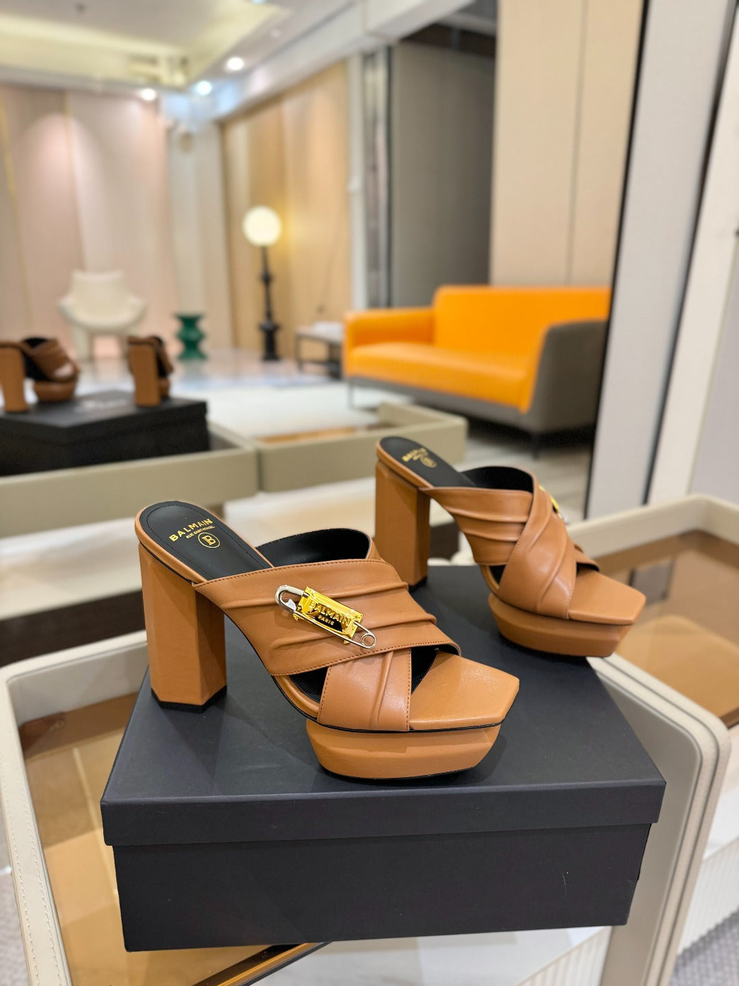 BALMAIN 25S WEDGE HEEL SANDALS 100MM IN BROWN CALFSKIN