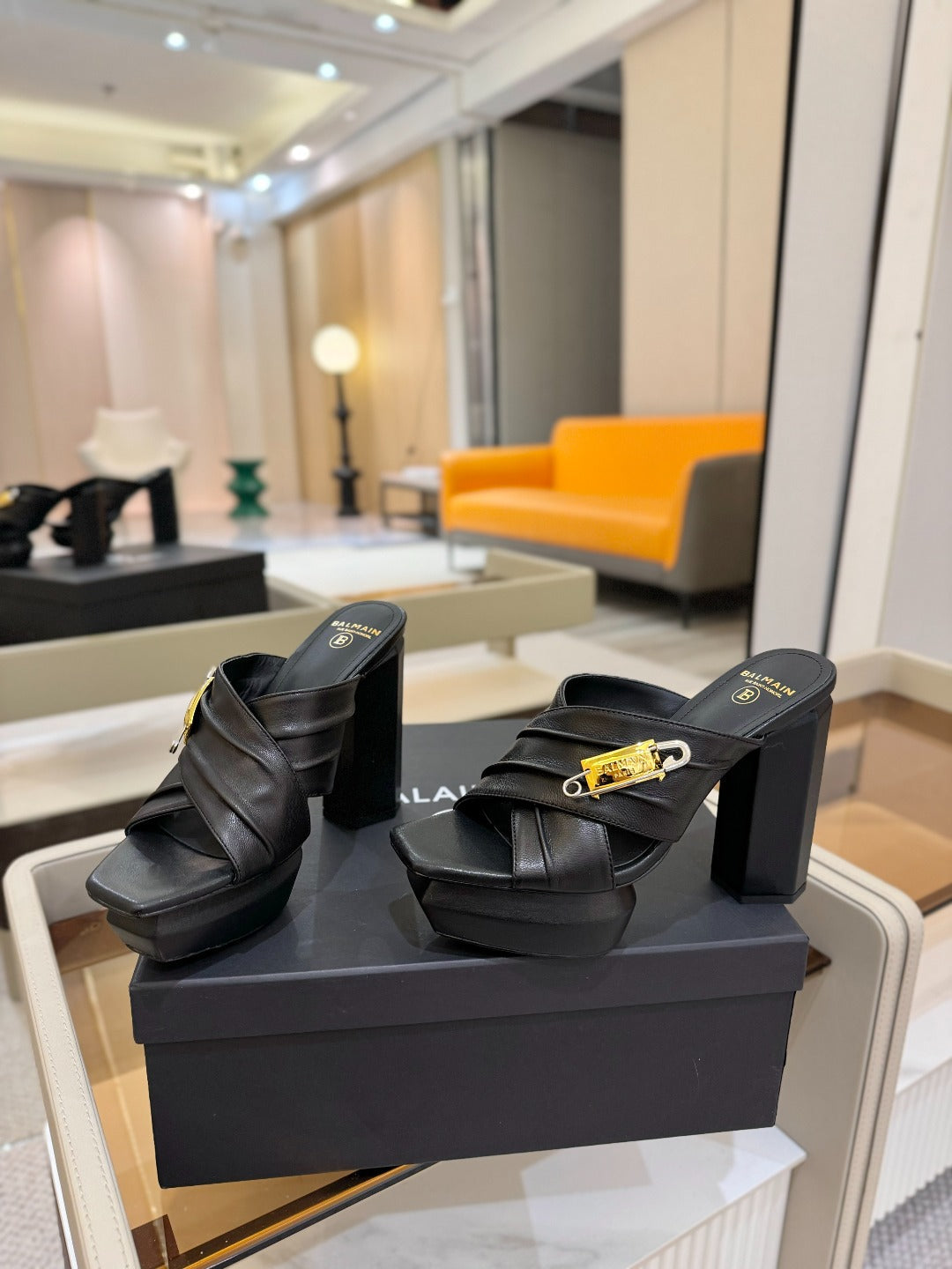 BALMAIN 25S WEDGE HEEL SANDALS 100MM IN BLACK CALFSKIN