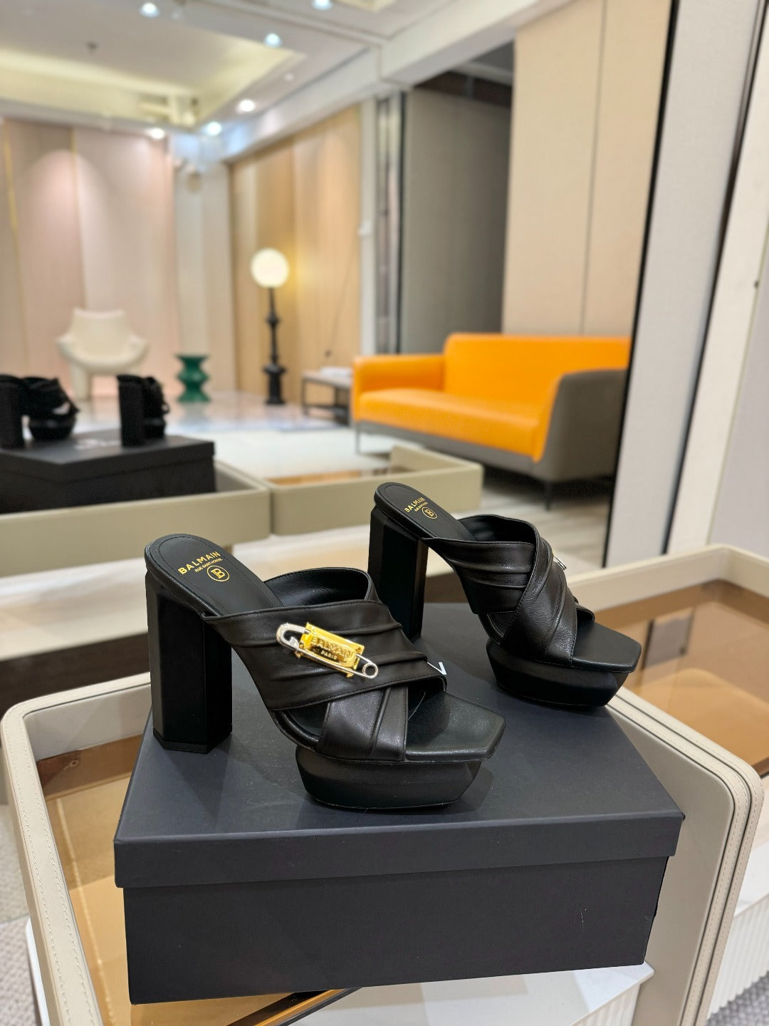 BALMAIN 25S WEDGE HEEL SANDALS 100MM IN BLACK CALFSKIN