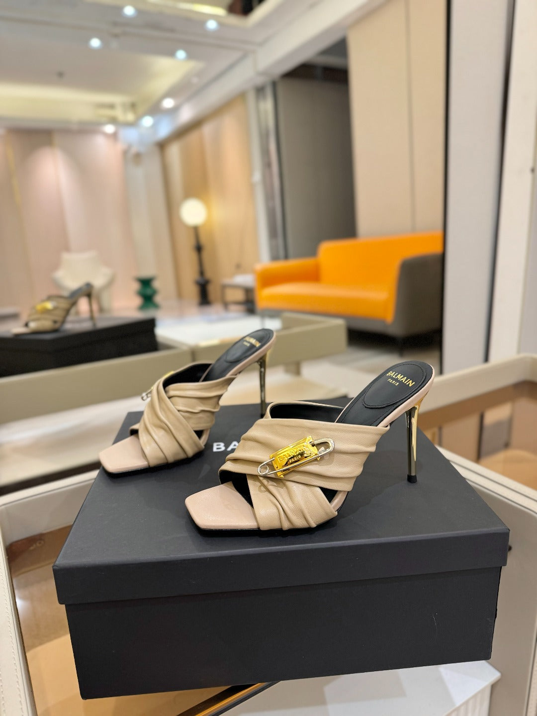 BALMAIN 25S HIGH HEEL SANDALS 95MM IN BEIGE CALFSKIN