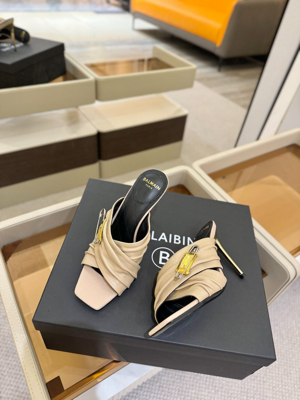 BALMAIN 25S HIGH HEEL SANDALS 95MM IN BEIGE CALFSKIN