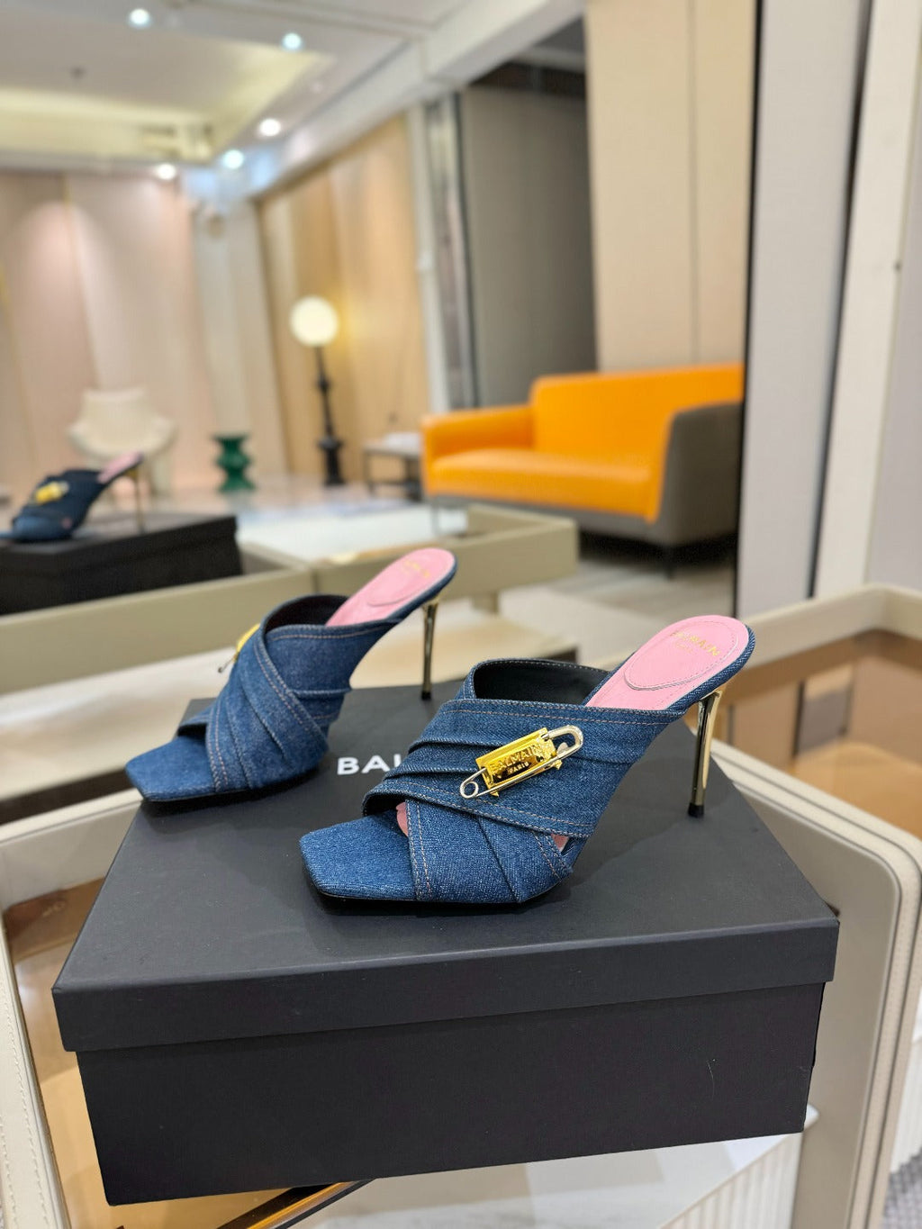 BALMAIN 25S HIGH HEEL SANDALS 95MM IN BLUE DENIM