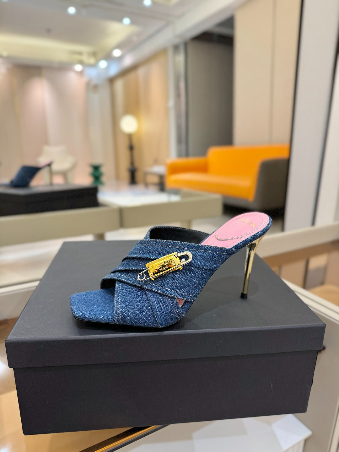BALMAIN 25S HIGH HEEL SANDALS 95MM IN BLUE DENIM