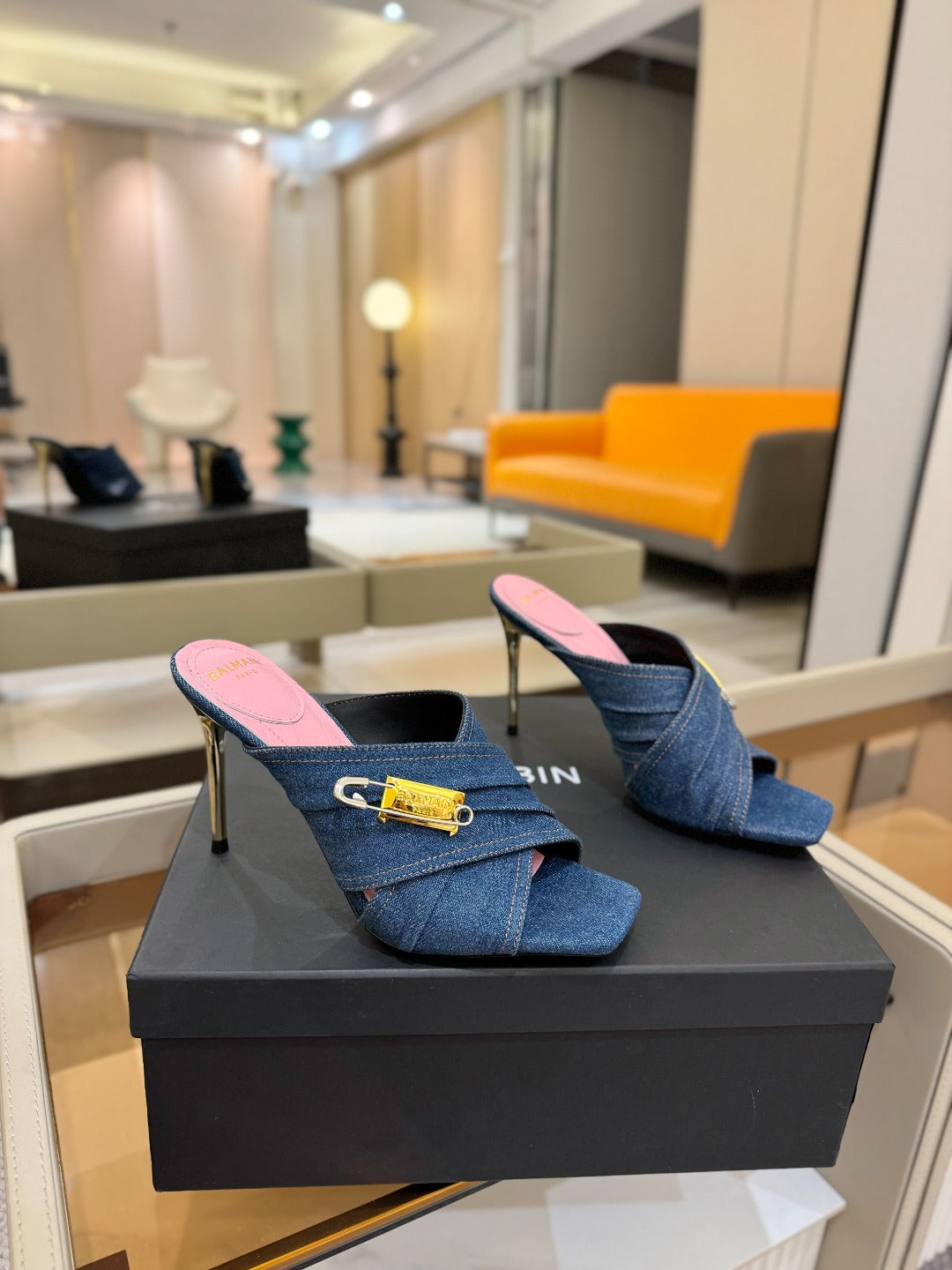 BALMAIN 25S HIGH HEEL SANDALS 95MM IN BLUE DENIM