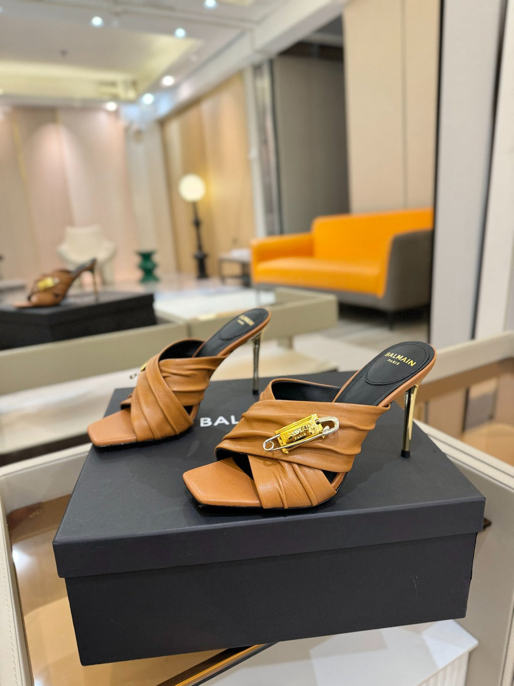 BALMAIN 25S HIGH HEEL SANDALS 95MM IN BROWN CALFSKIN