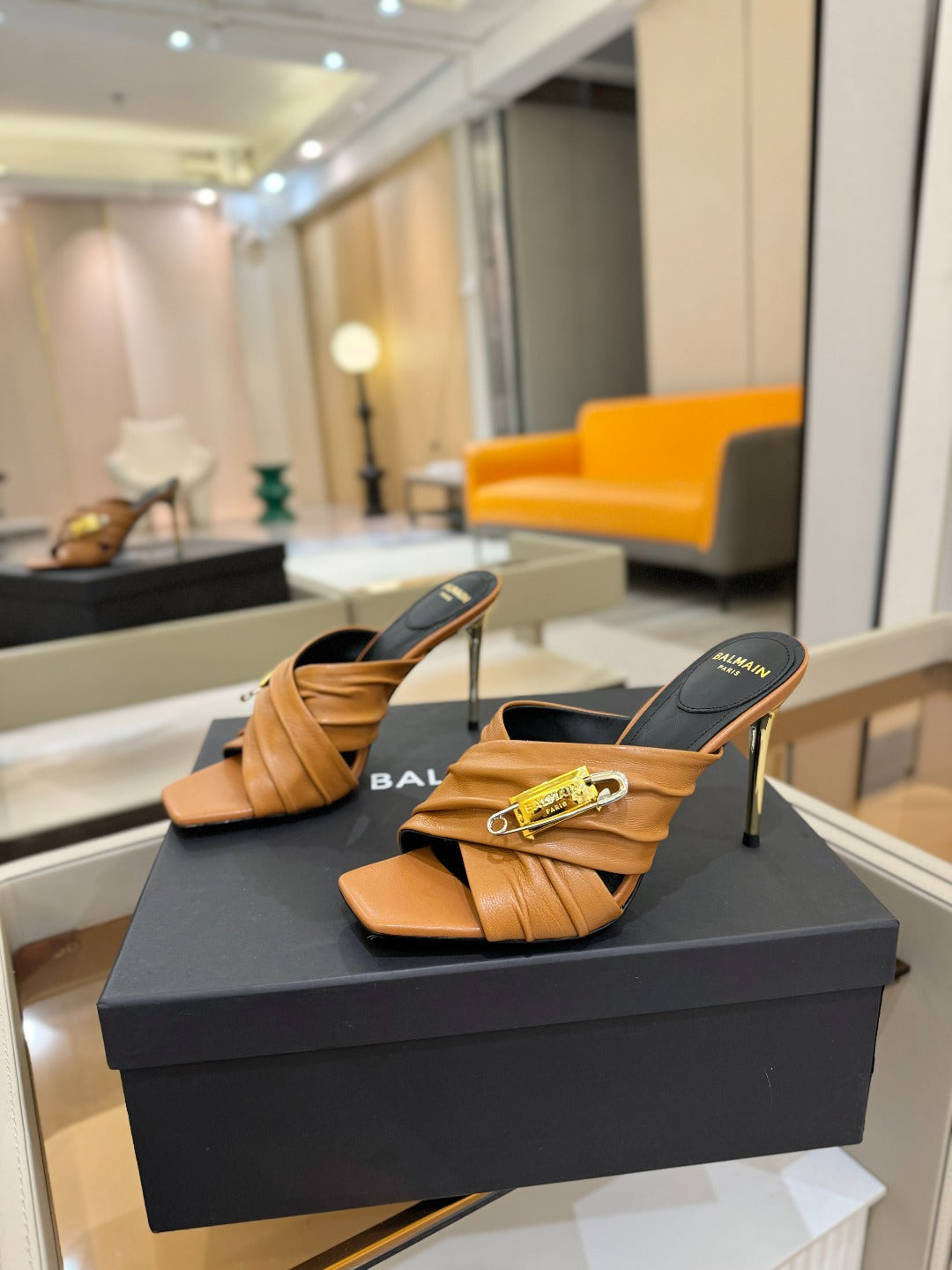 BALMAIN 25S HIGH HEEL SANDALS 95MM IN BROWN CALFSKIN