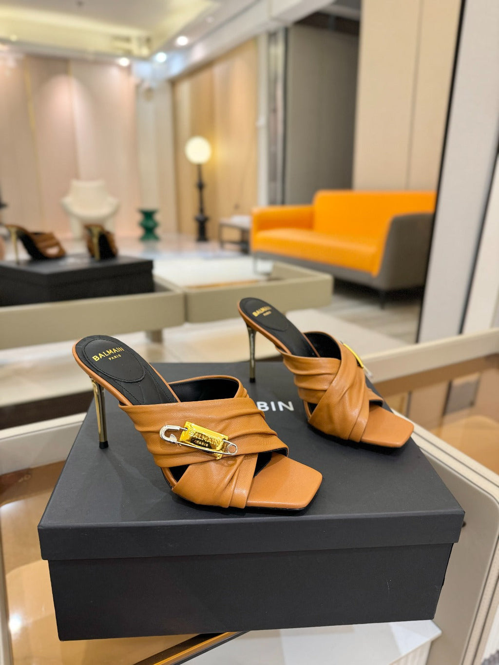 BALMAIN 25S HIGH HEEL SANDALS 95MM IN BROWN CALFSKIN
