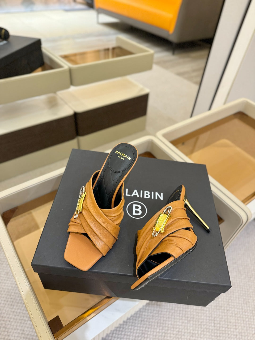 BALMAIN 25S HIGH HEEL SANDALS 95MM IN BROWN CALFSKIN