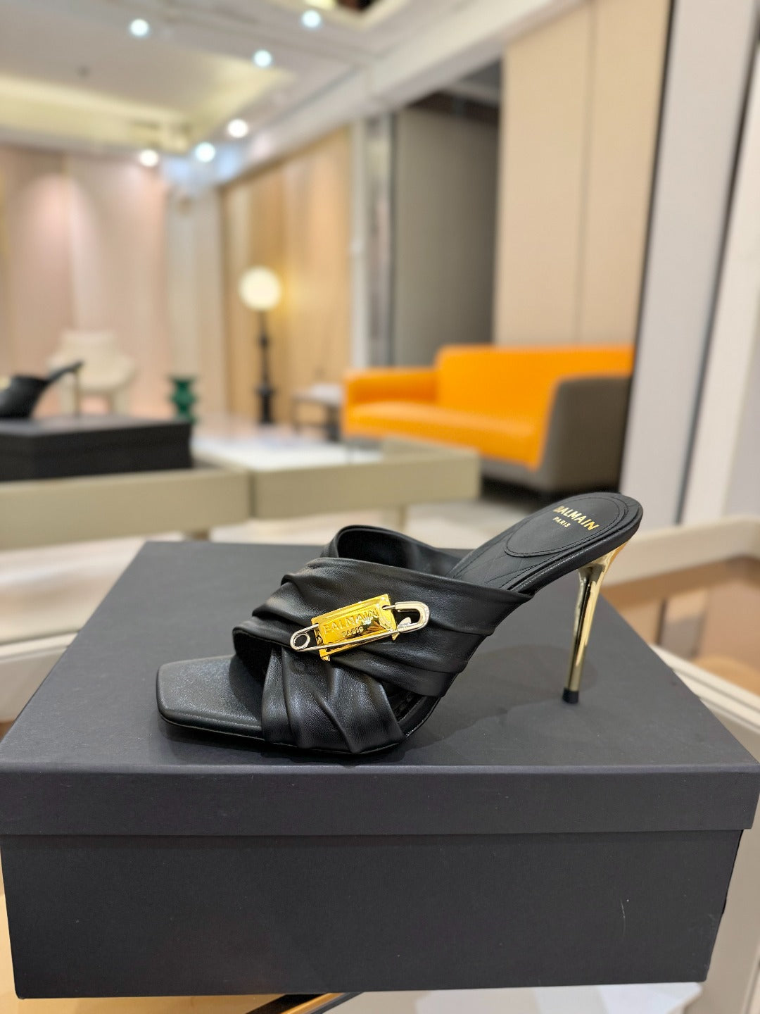 BALMAIN 25S HIGH HEEL SANDALS 95MM IN BLACK CALFSKIN