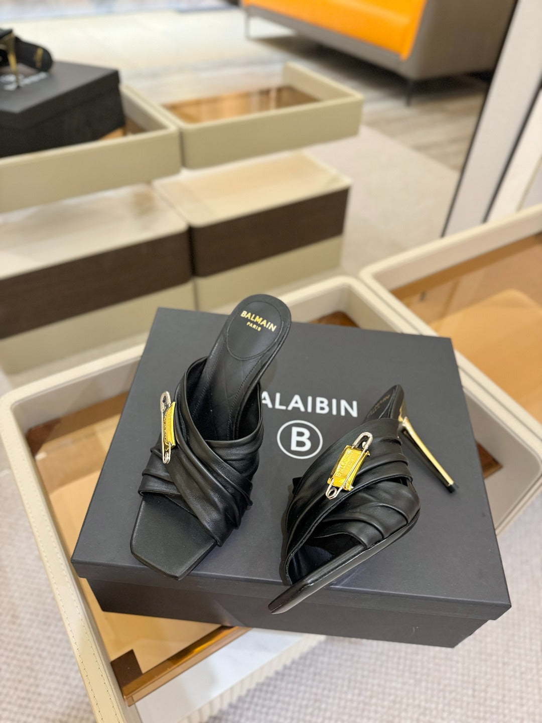 BALMAIN 25S HIGH HEEL SANDALS 95MM IN BLACK CALFSKIN