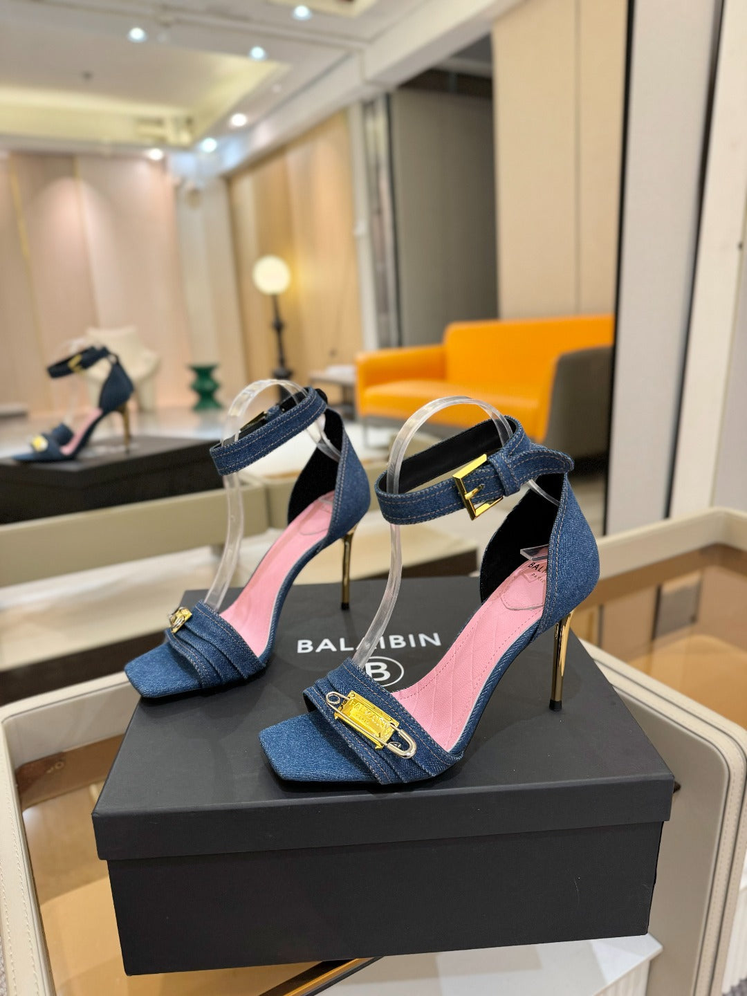 BALMAIN 25S HIGH HEELS 95MM IN BLUE DENIM