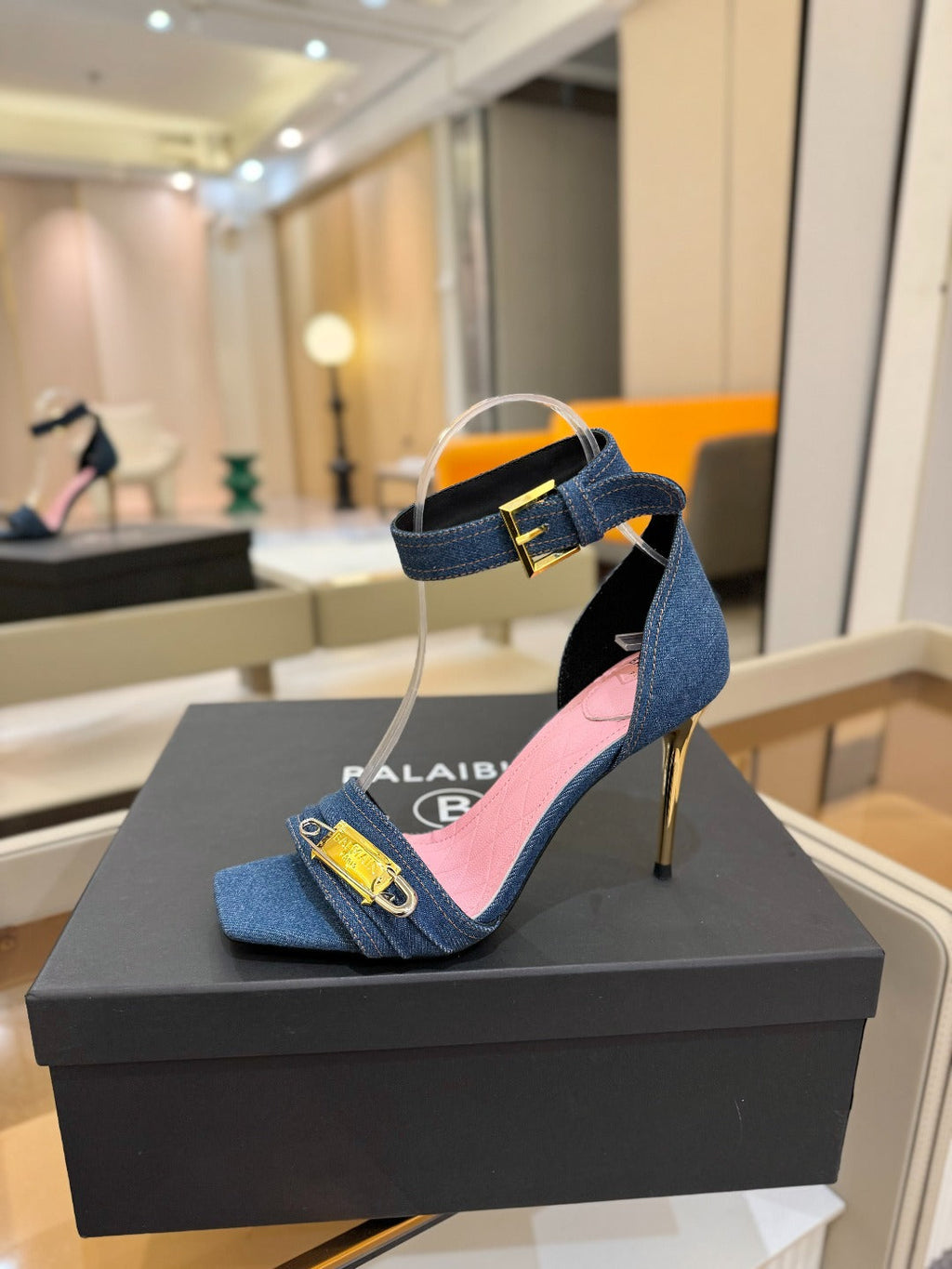 BALMAIN 25S HIGH HEELS 95MM IN BLUE DENIM