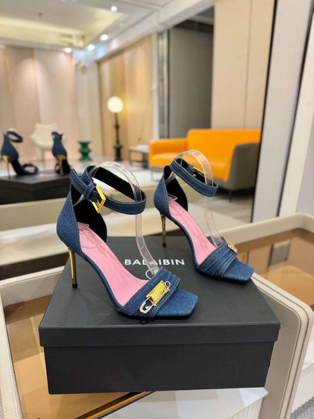 BALMAIN 25S HIGH HEELS 95MM IN BLUE DENIM