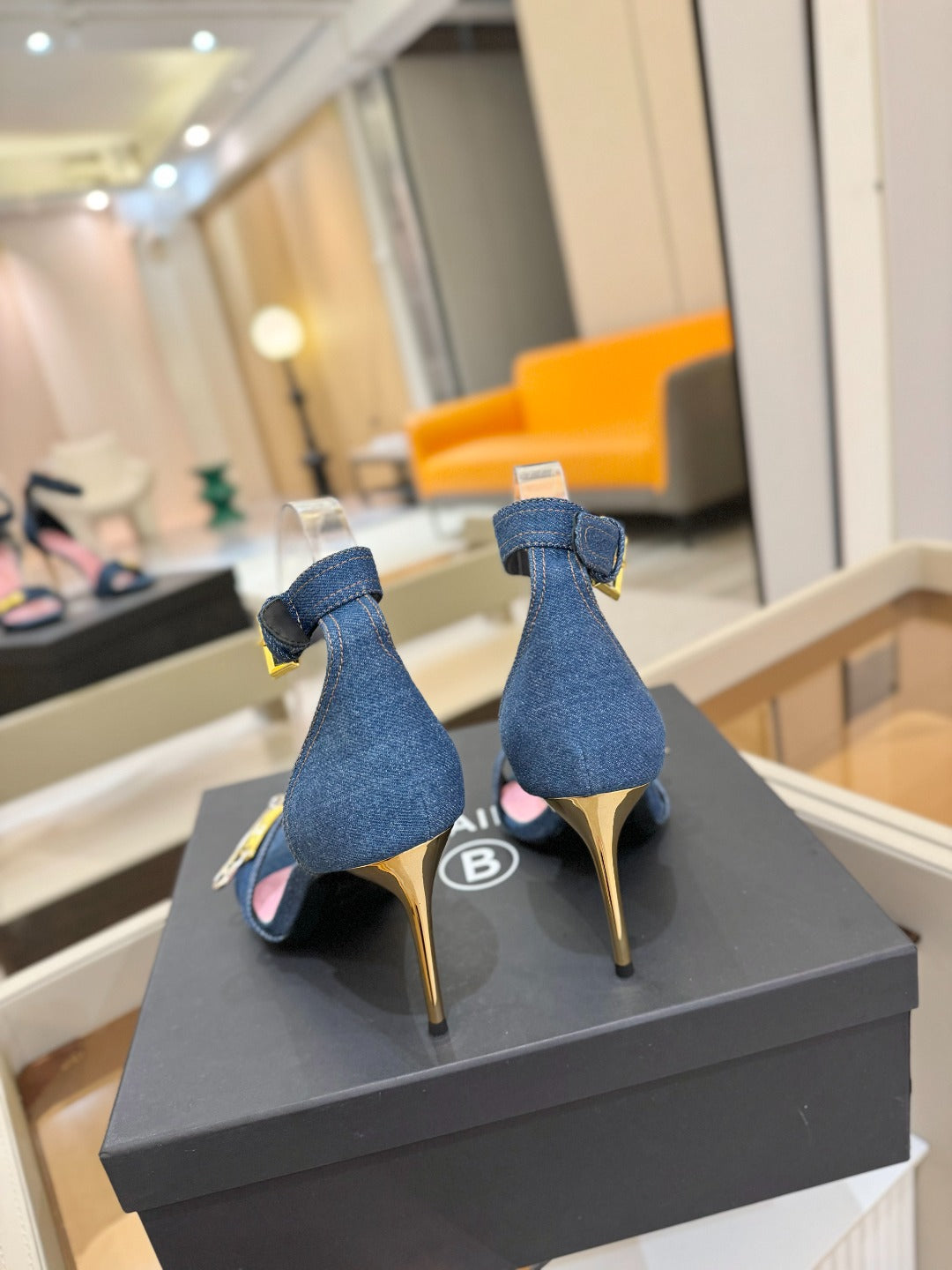 BALMAIN 25S HIGH HEELS 95MM IN BLUE DENIM