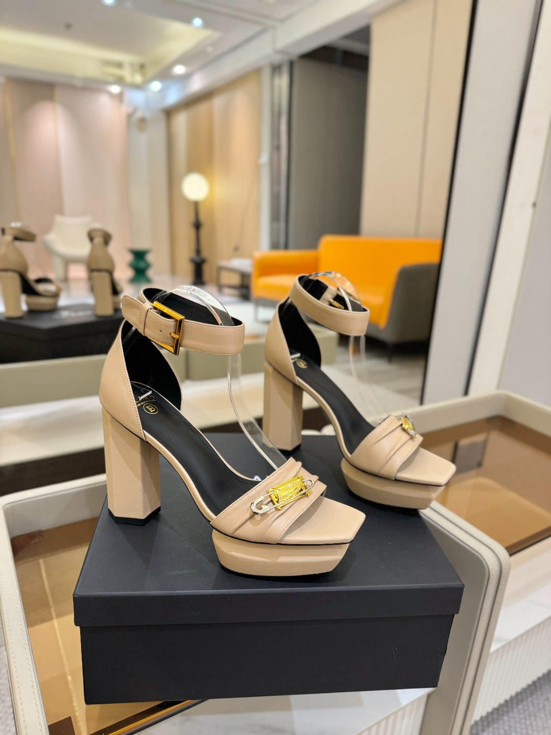 BALMAIN 25S WEDGE HEELS 100MM IN NUDE CALFSKIN