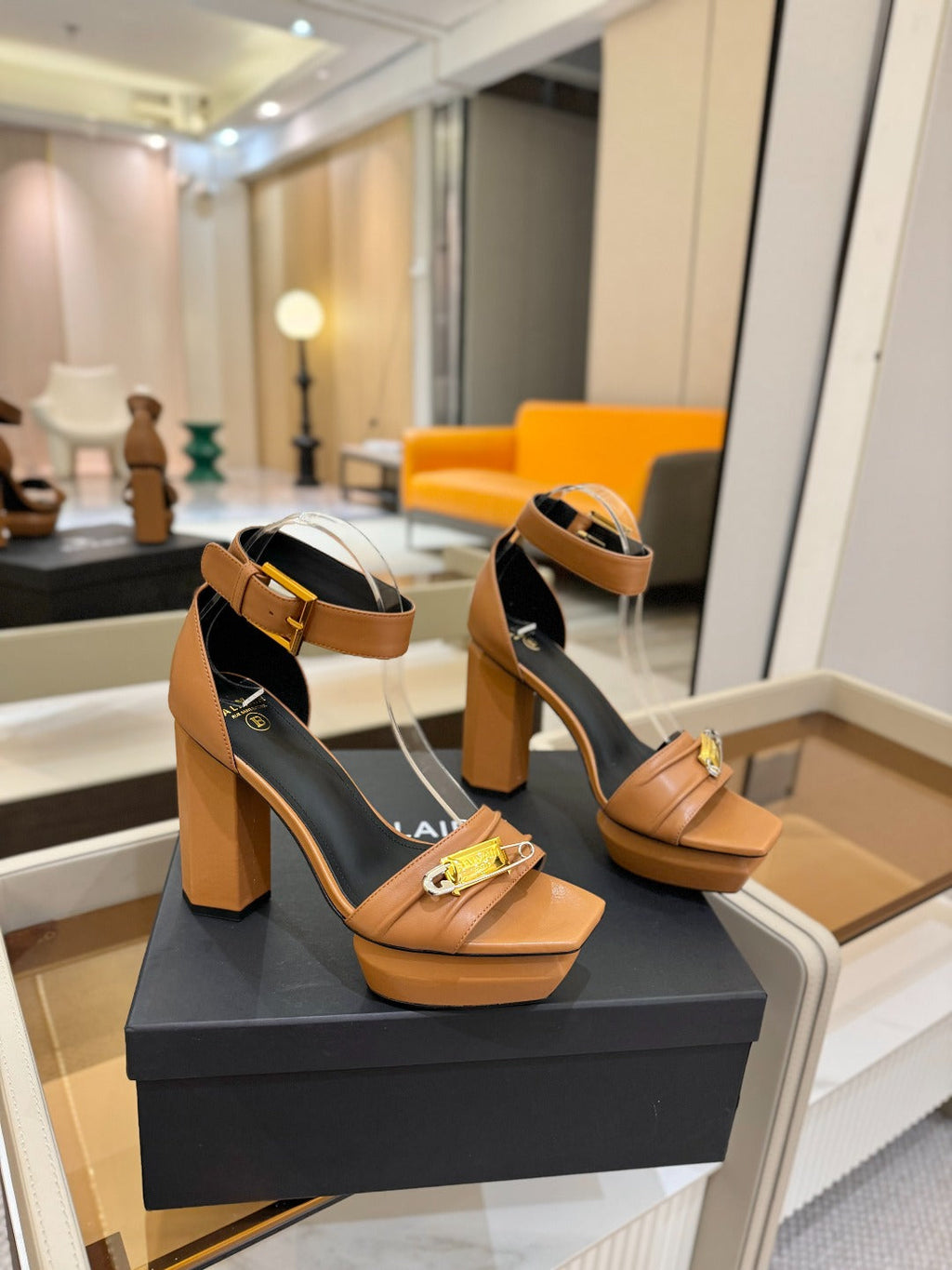 BALMAIN 25S WEDGE HEELS 100MM IN BROWN CALFSKIN