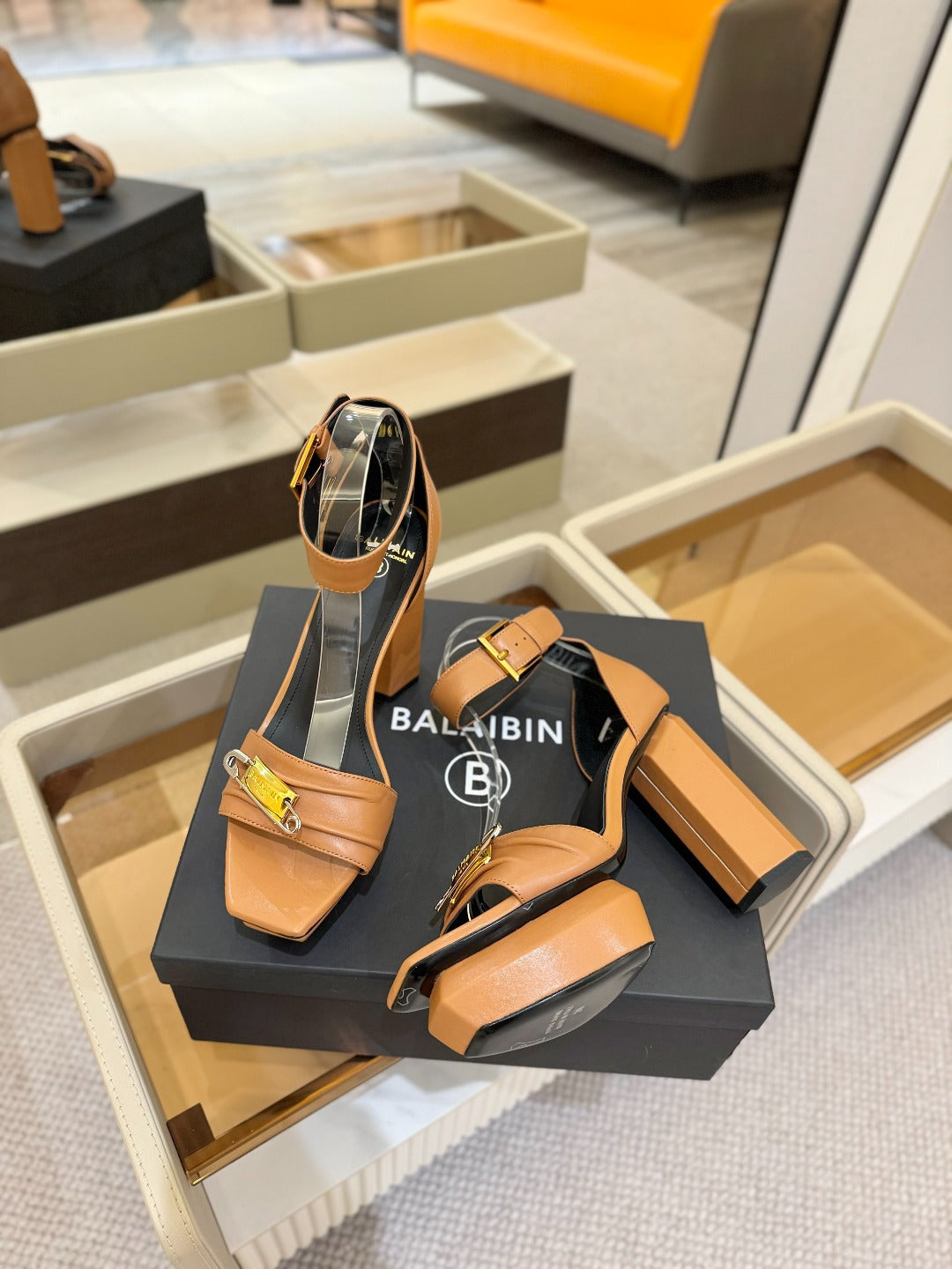 BALMAIN 25S WEDGE HEELS 100MM IN BROWN CALFSKIN
