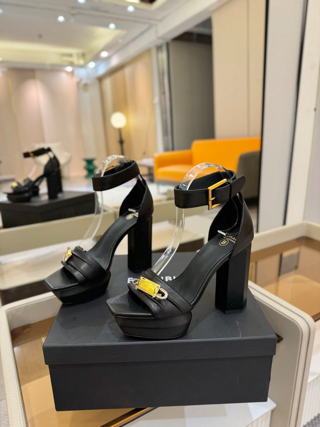 BALMAIN 25S WEDGE HEELS 100MM IN BLACK CALFSKIN