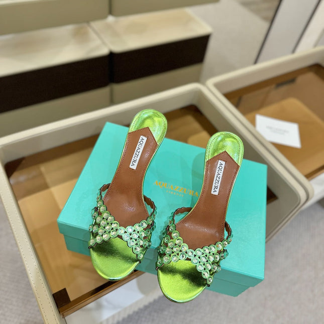 AQUAZZURA 26S TEQUILA HEELED SANDALS 85 MM IN GREEN LAMBSKIN