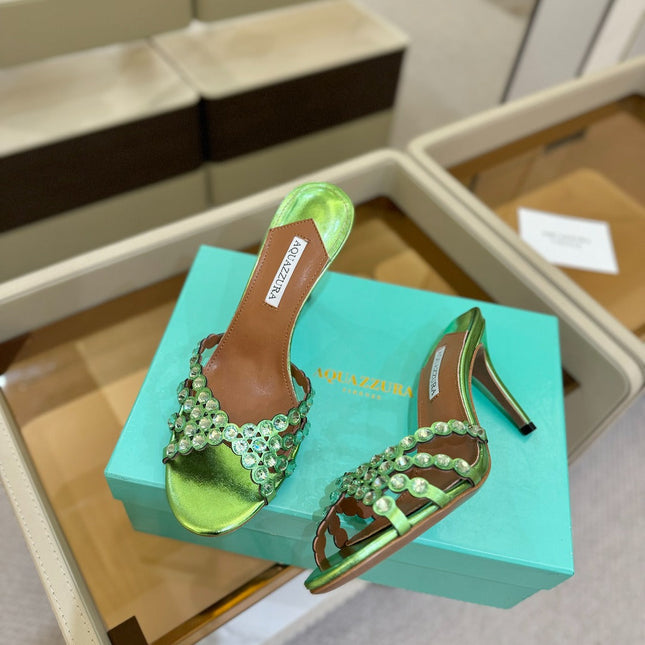 AQUAZZURA 26S TEQUILA HEELED SANDALS 85 MM IN GREEN LAMBSKIN