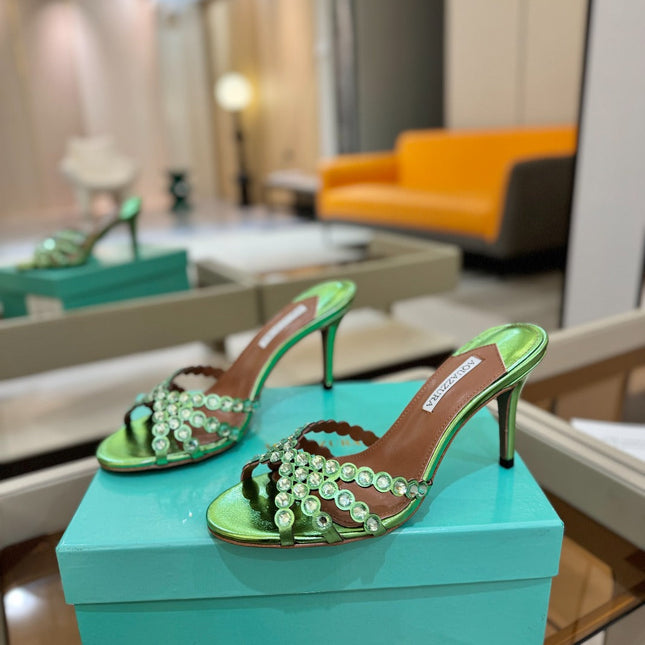 AQUAZZURA 26S TEQUILA HEELED SANDALS 85 MM IN GREEN LAMBSKIN