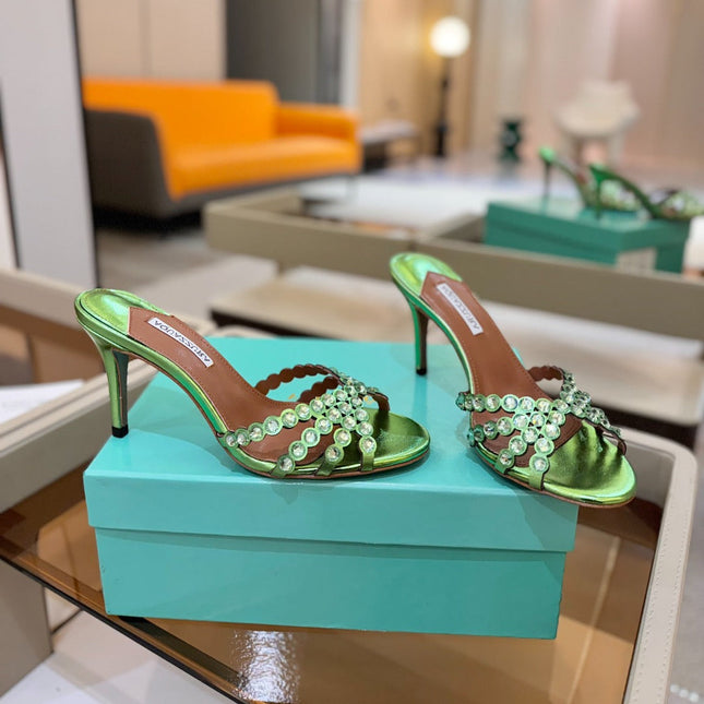 AQUAZZURA 26S TEQUILA HEELED SANDALS 85 MM IN GREEN LAMBSKIN