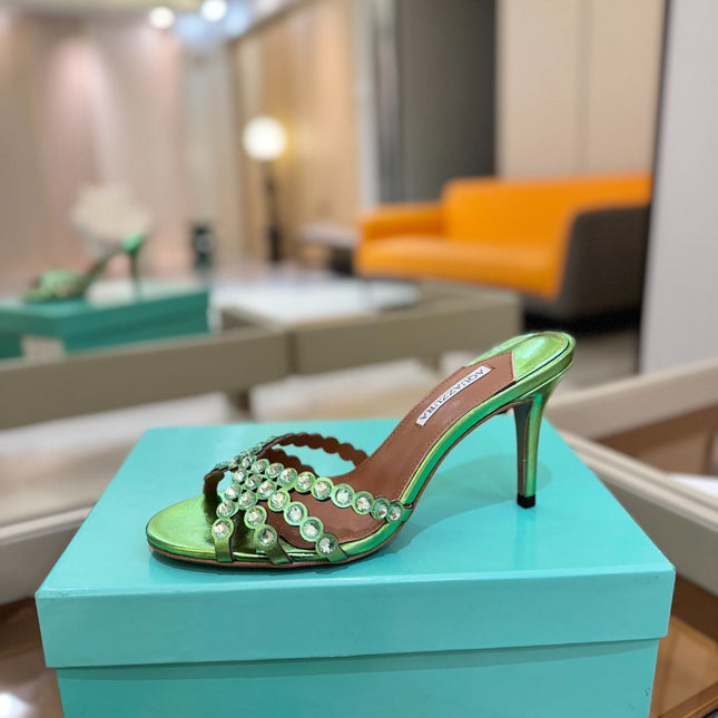 AQUAZZURA 26S TEQUILA HEELED SANDALS 85 MM IN GREEN LAMBSKIN