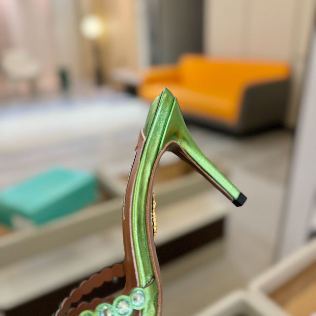 AQUAZZURA 26S TEQUILA HEELED SANDALS 85 MM IN GREEN LAMBSKIN