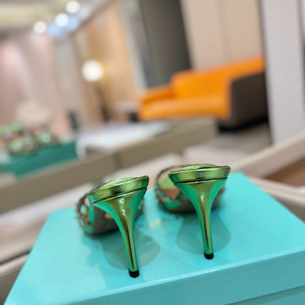 AQUAZZURA 26S TEQUILA HEELED SANDALS 85 MM IN GREEN LAMBSKIN