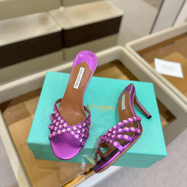 AQUAZZURA 26S TEQUILA HEELED SANDALS 85 MM IN PURPLE LAMBSKIN