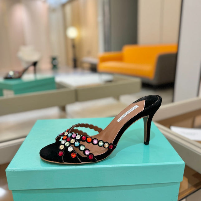 AQUAZZURA 26S TEQUILA HEELED SANDALS 85 MM IN BLACK SUEDE WITH MULTICOLOR CRYSTAL