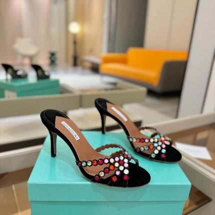 AQUAZZURA 26S TEQUILA HEELED SANDALS 85 MM IN BLACK SUEDE WITH MULTICOLOR CRYSTAL