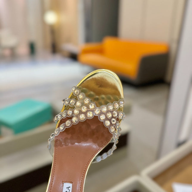 AQUAZZURA 26S TEQUILA HEELED SANDALS 85 MM IN GOLD LAMBSKIN