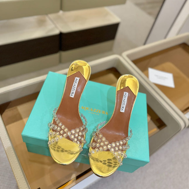 AQUAZZURA 26S TEQUILA HEELED SANDALS 85 MM IN GOLD LAMBSKIN