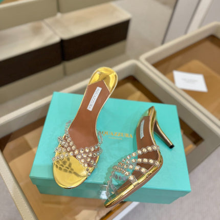 AQUAZZURA 26S TEQUILA HEELED SANDALS 85 MM IN GOLD LAMBSKIN