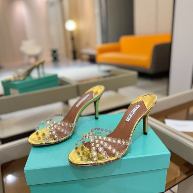 AQUAZZURA 26S TEQUILA HEELED SANDALS 85 MM IN GOLD LAMBSKIN