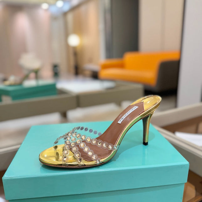 AQUAZZURA 26S TEQUILA HEELED SANDALS 85 MM IN GOLD LAMBSKIN